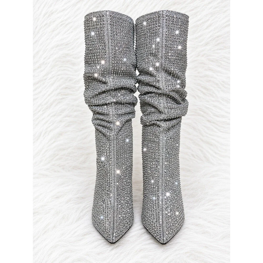 NIB Envy Pewter Gray Rhinestone High Heel Stiletto Slouch Below Knee Boots_3